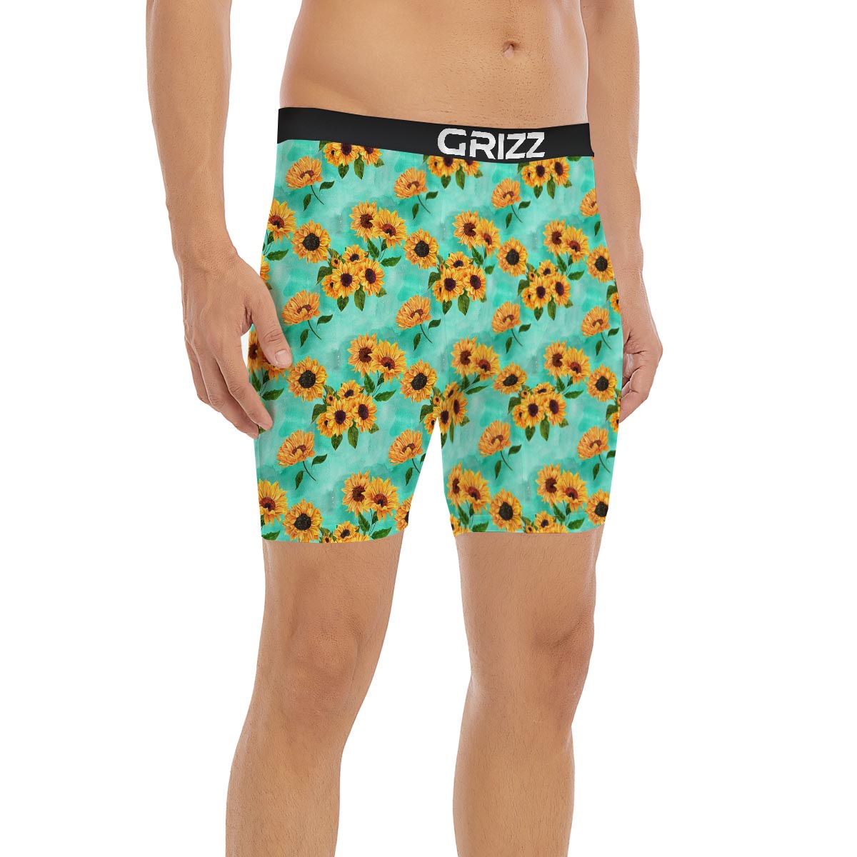Sunflower Teal Watercolor Print Pattern Boxer Briefs-grizzshop