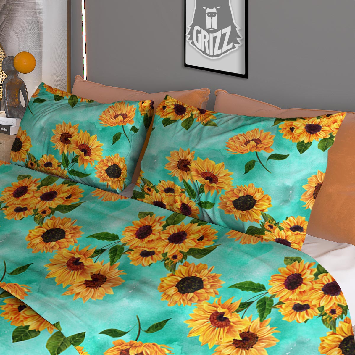 Sunflower Teal Watercolor Print Pattern Duvet Cover Bedding Set