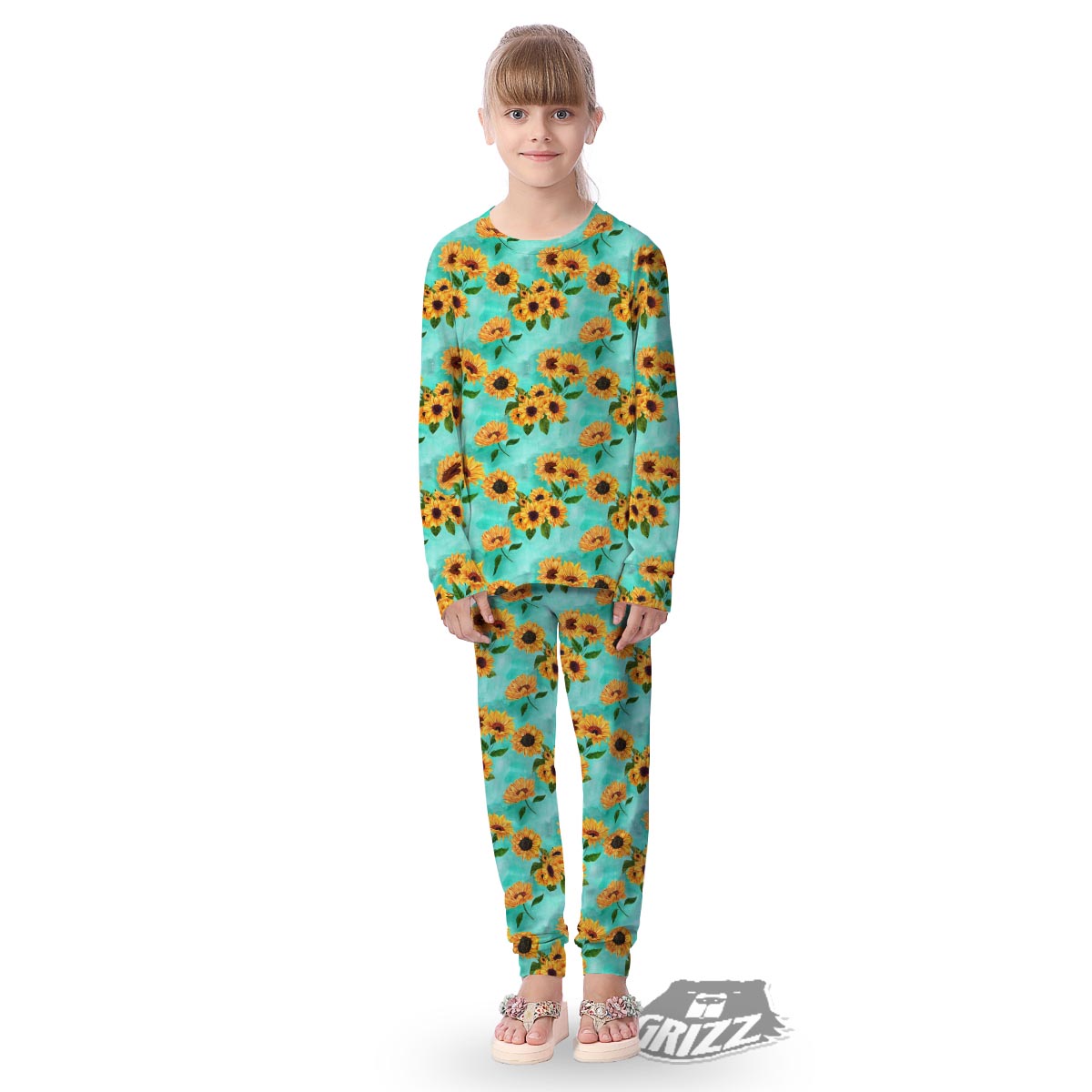 Sunflower Teal Watercolor Print Pattern Kid's Pajamas-grizzshop
