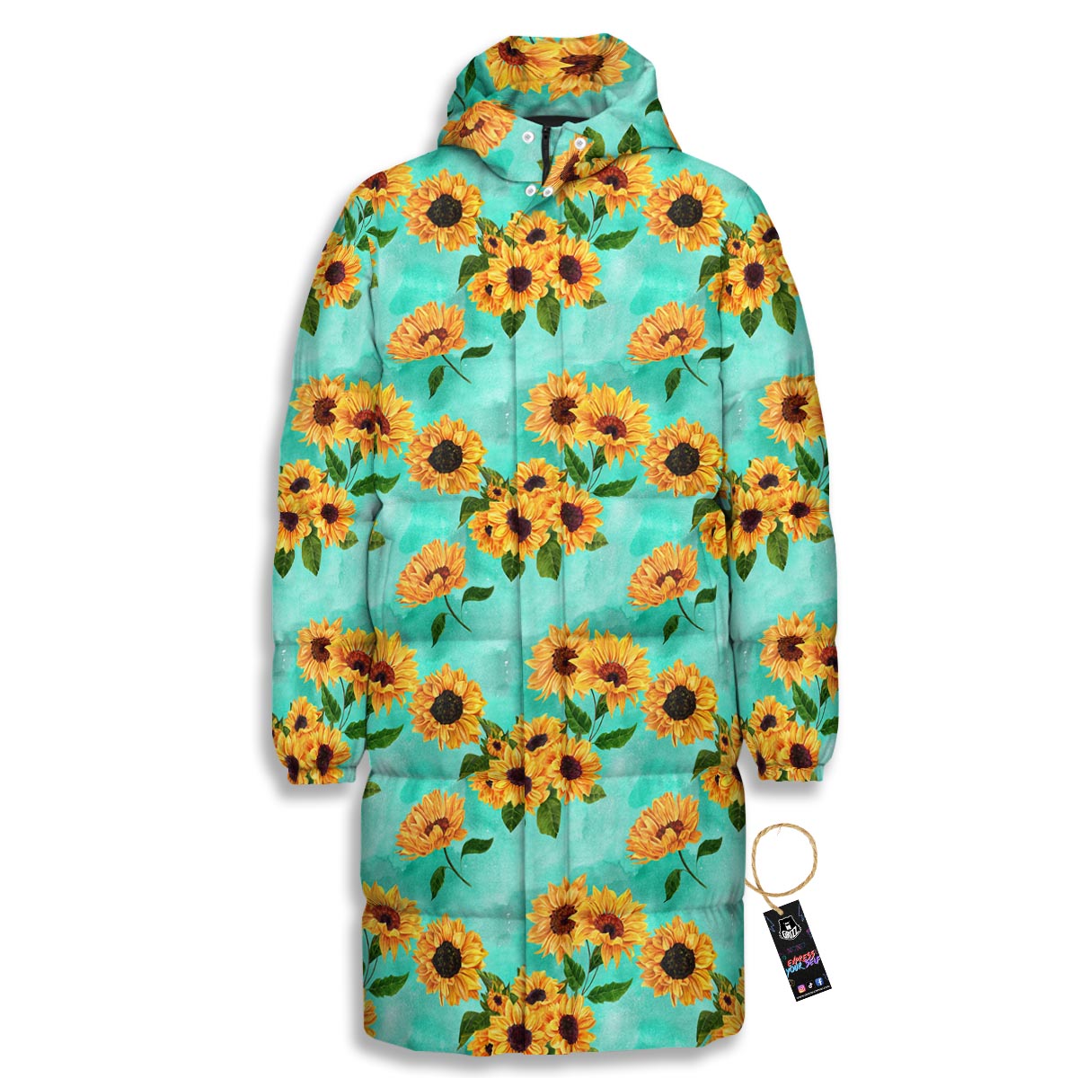 Sunflower Teal Watercolor Print Pattern Long Down Jacket-grizzshop