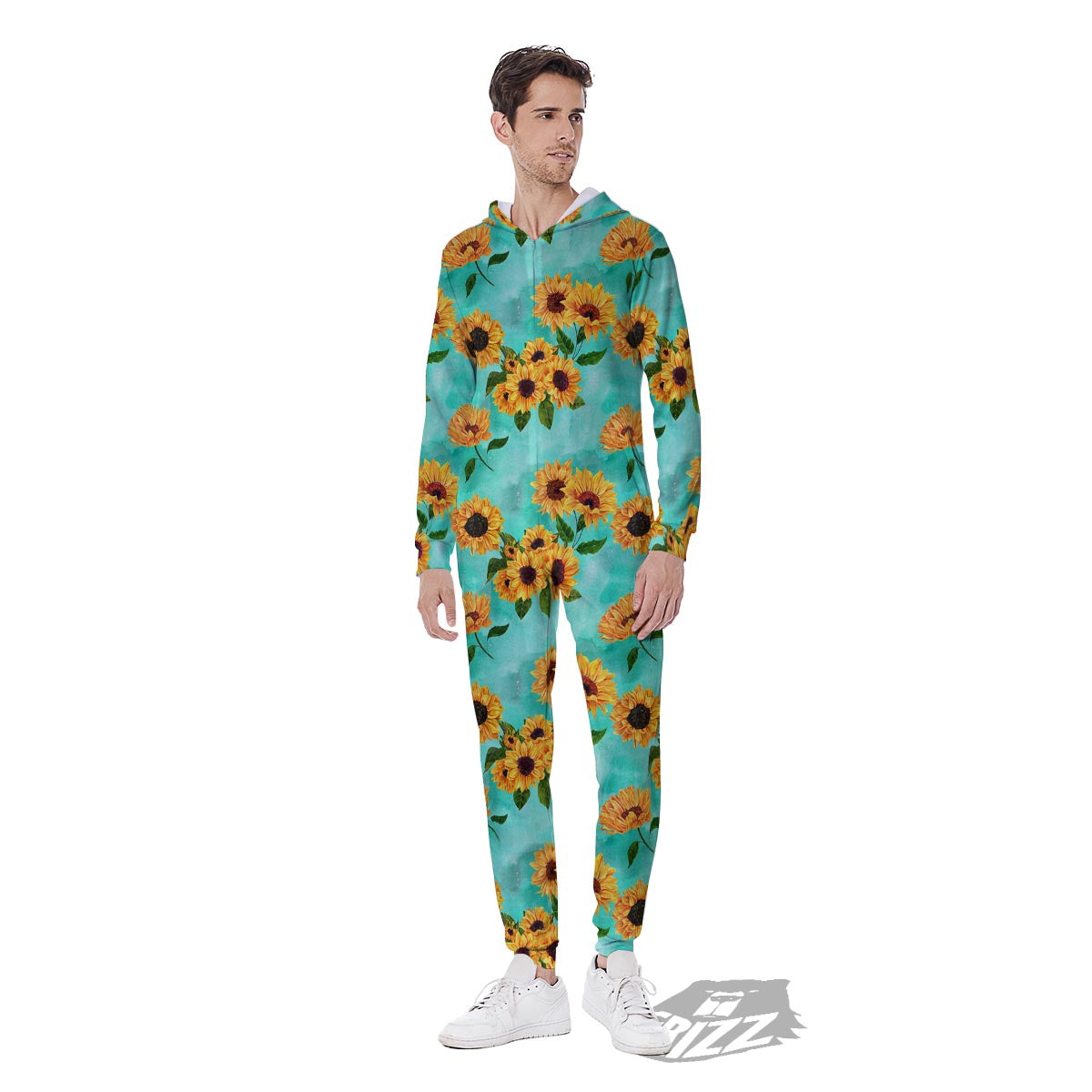 Sunflower Teal Watercolor Print Pattern Men's Jumpsuit-grizzshop
