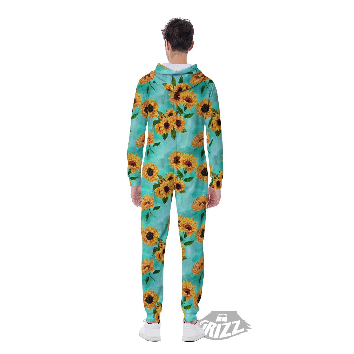 Sunflower Teal Watercolor Print Pattern Men's Jumpsuit-grizzshop