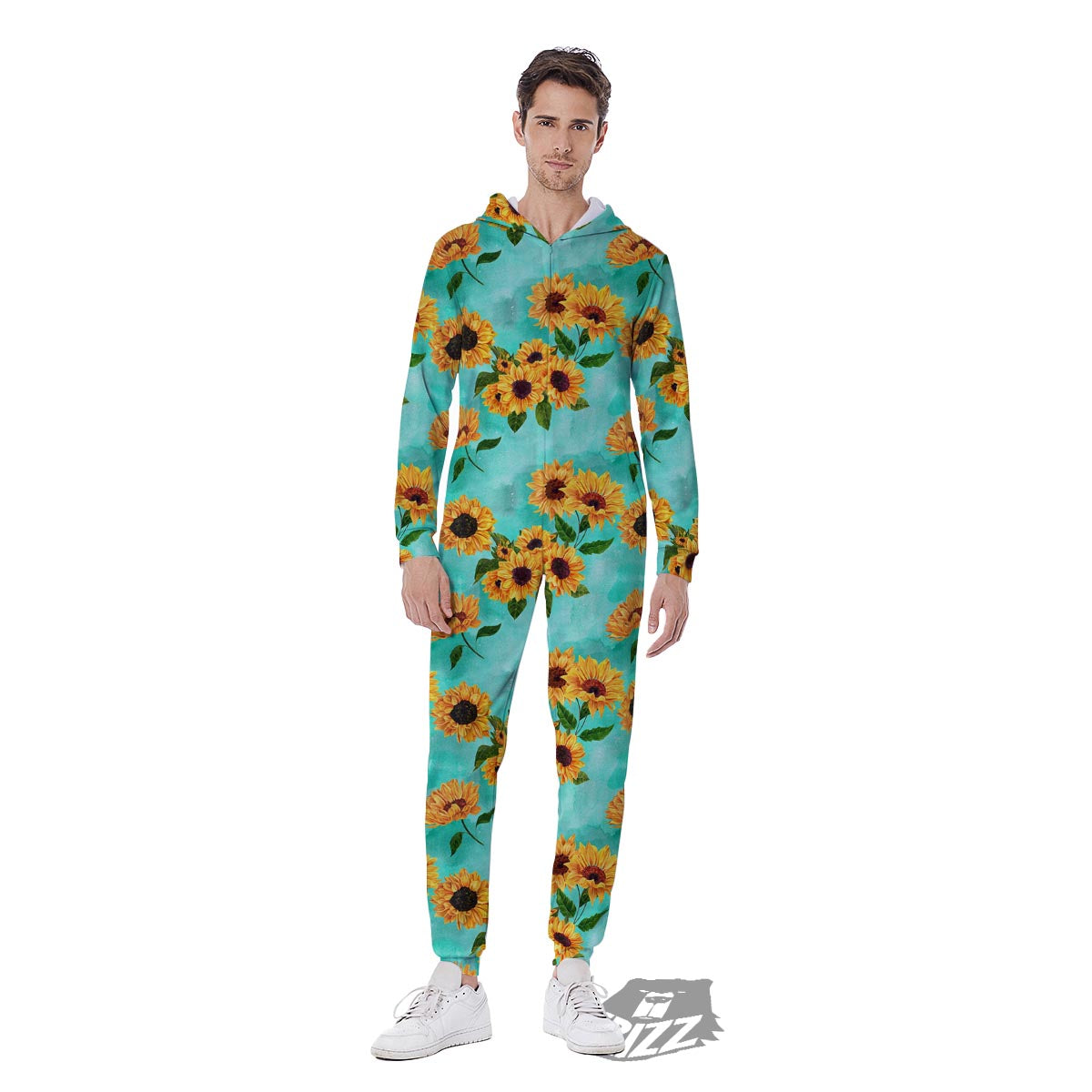 Sunflower Teal Watercolor Print Pattern Men's Jumpsuit-grizzshop