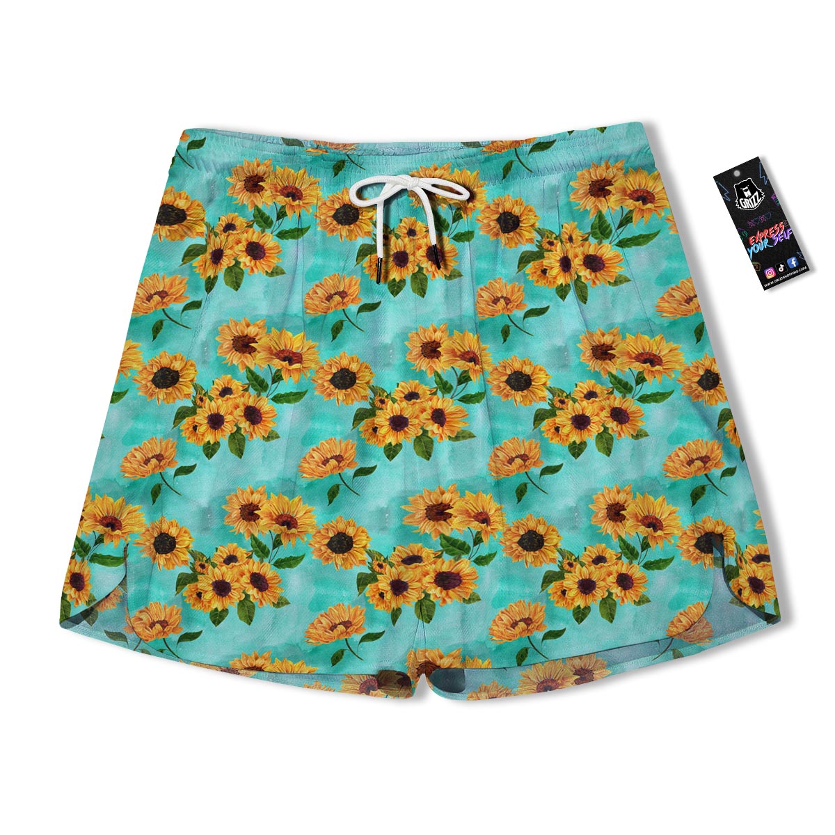 Sunflower Teal Watercolor Print Pattern Muay Thai Boxing Shorts