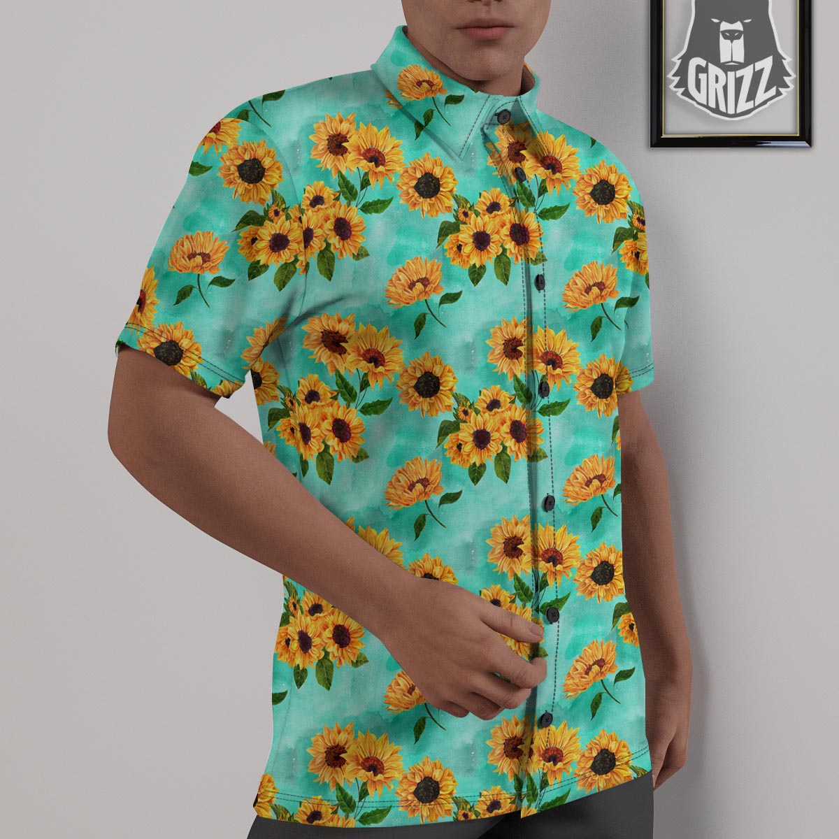 Sunflower Teal Watercolor Print Pattern Untucked Shirts-grizzshop
