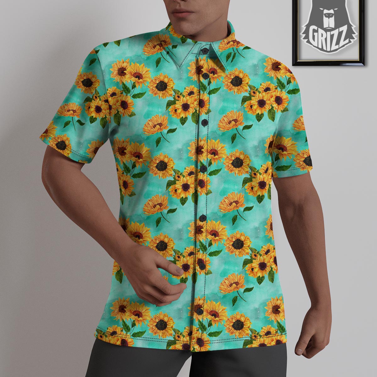 Sunflower Teal Watercolor Print Pattern Untucked Shirts-grizzshop
