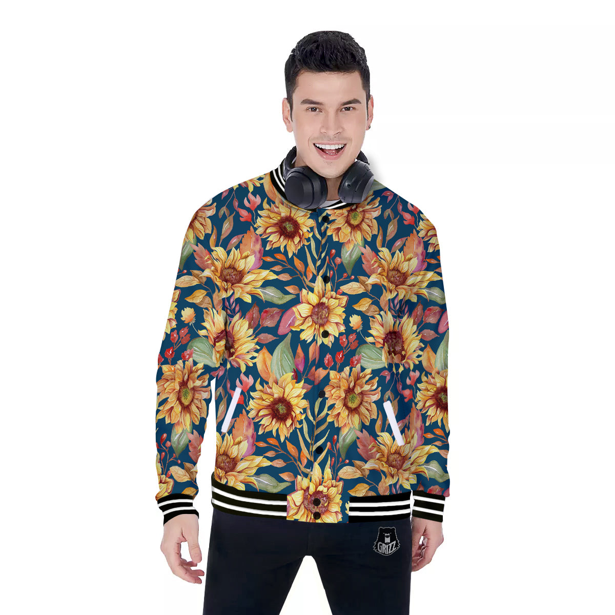 Sunflower Vintage Print Pattern Baseball Jacket-grizzshop