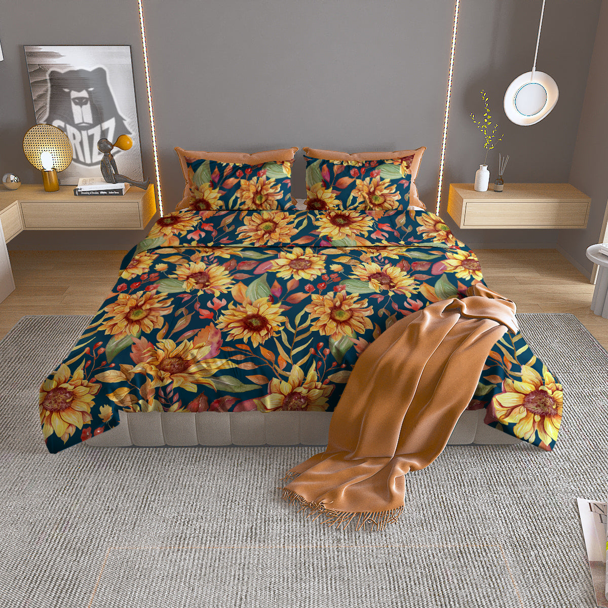 Sunflower Vintage Print Pattern Duvet Cover Bedding Set-grizzshop