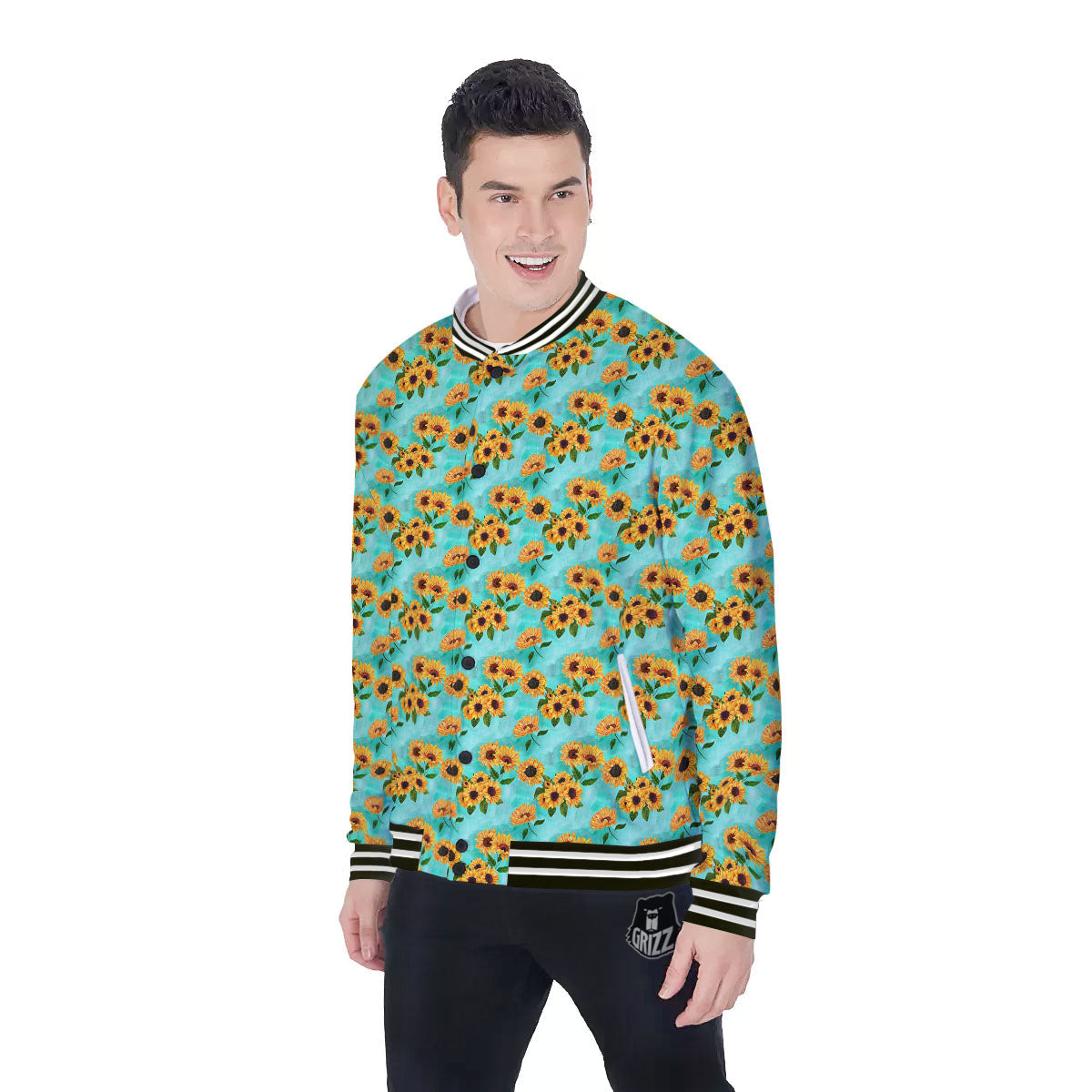 Sunflower Watercolor Blue Print Pattern Baseball Jacket-grizzshop