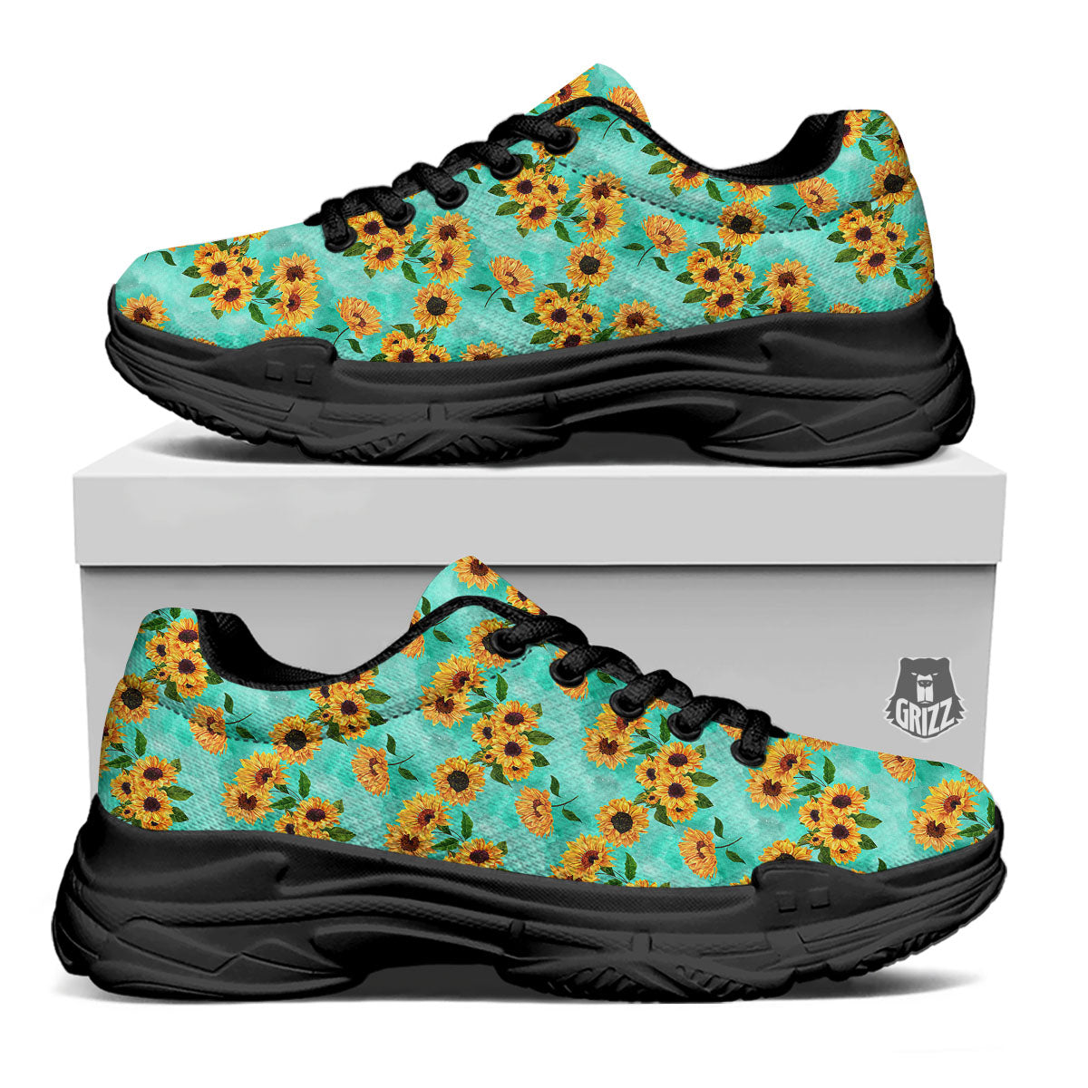 Sunflower Watercolor Blue Print Pattern Black Chunky Shoes-grizzshop