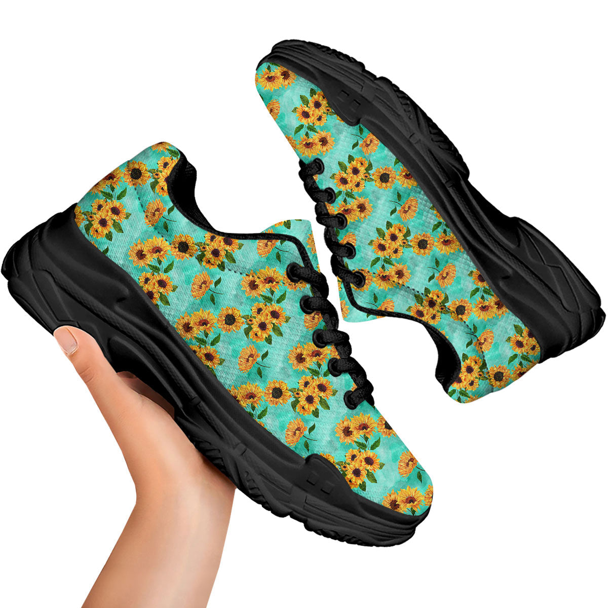 Sunflower Watercolor Blue Print Pattern Black Chunky Shoes-grizzshop