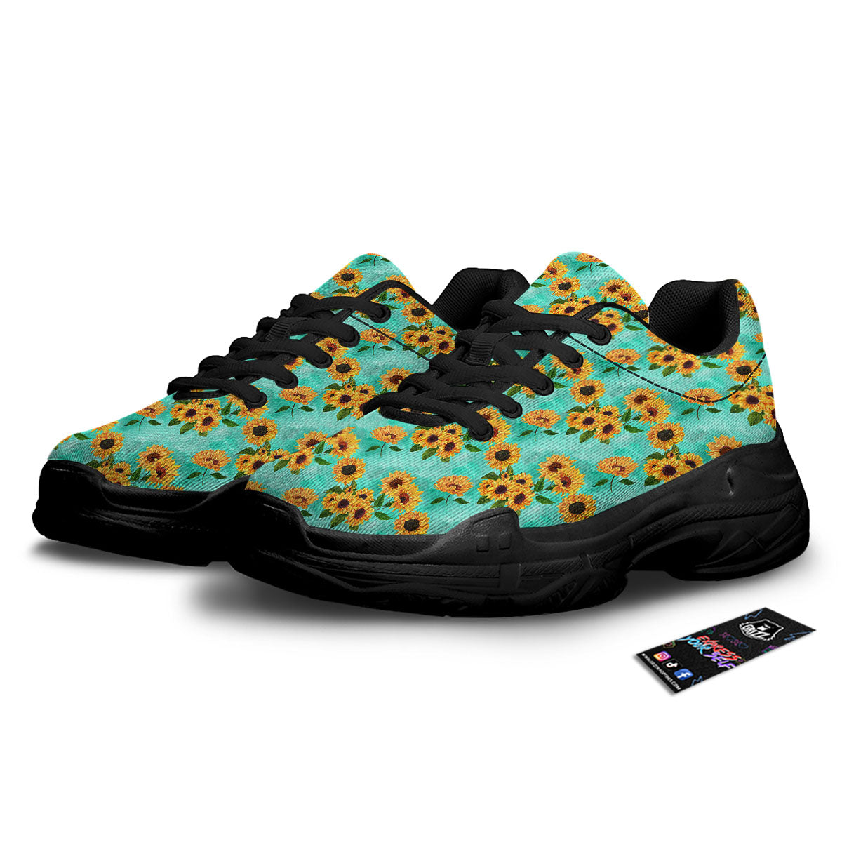 Sunflower Watercolor Blue Print Pattern Black Chunky Shoes-grizzshop