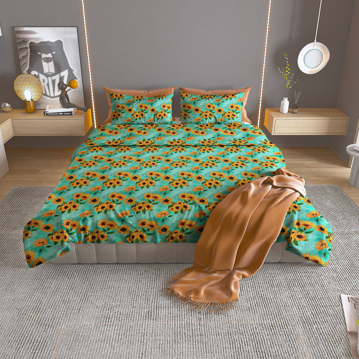 Sunflower Watercolor Blue Print Pattern Duvet Cover Bedding Set-grizzshop