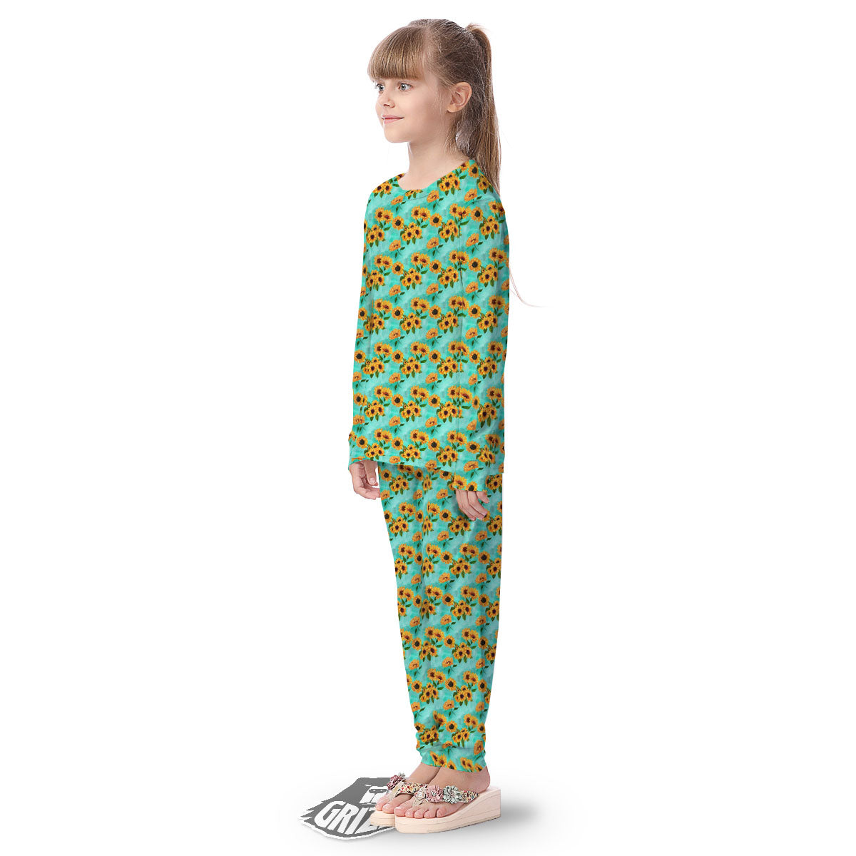 Sunflower Watercolor Blue Print Pattern Kid's Pajamas-grizzshop