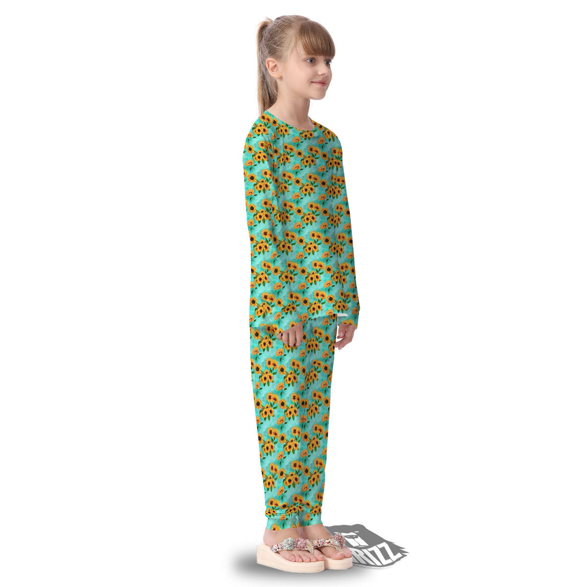 Sunflower Watercolor Blue Print Pattern Kid's Pajamas-grizzshop