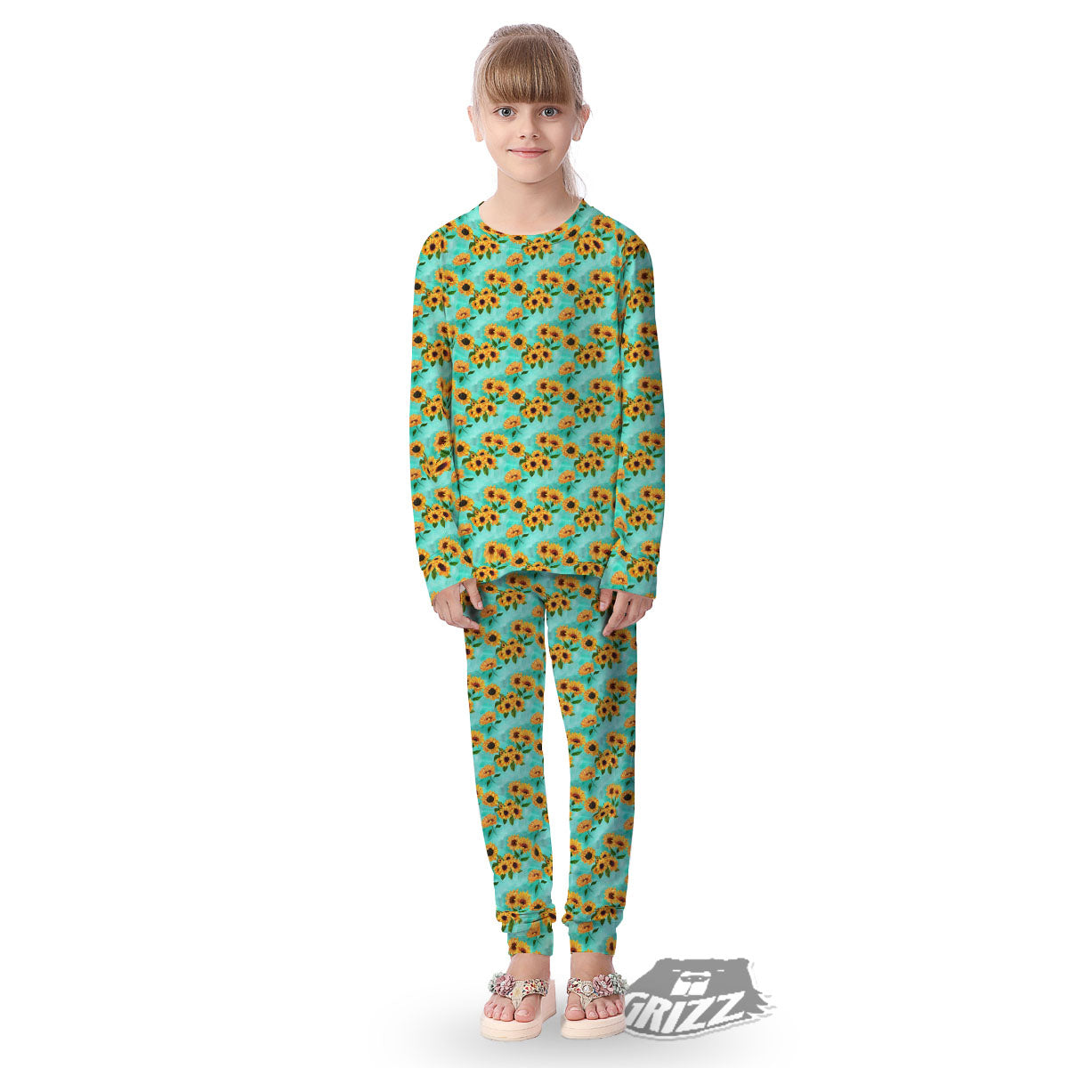 Sunflower Watercolor Blue Print Pattern Kid's Pajamas-grizzshop