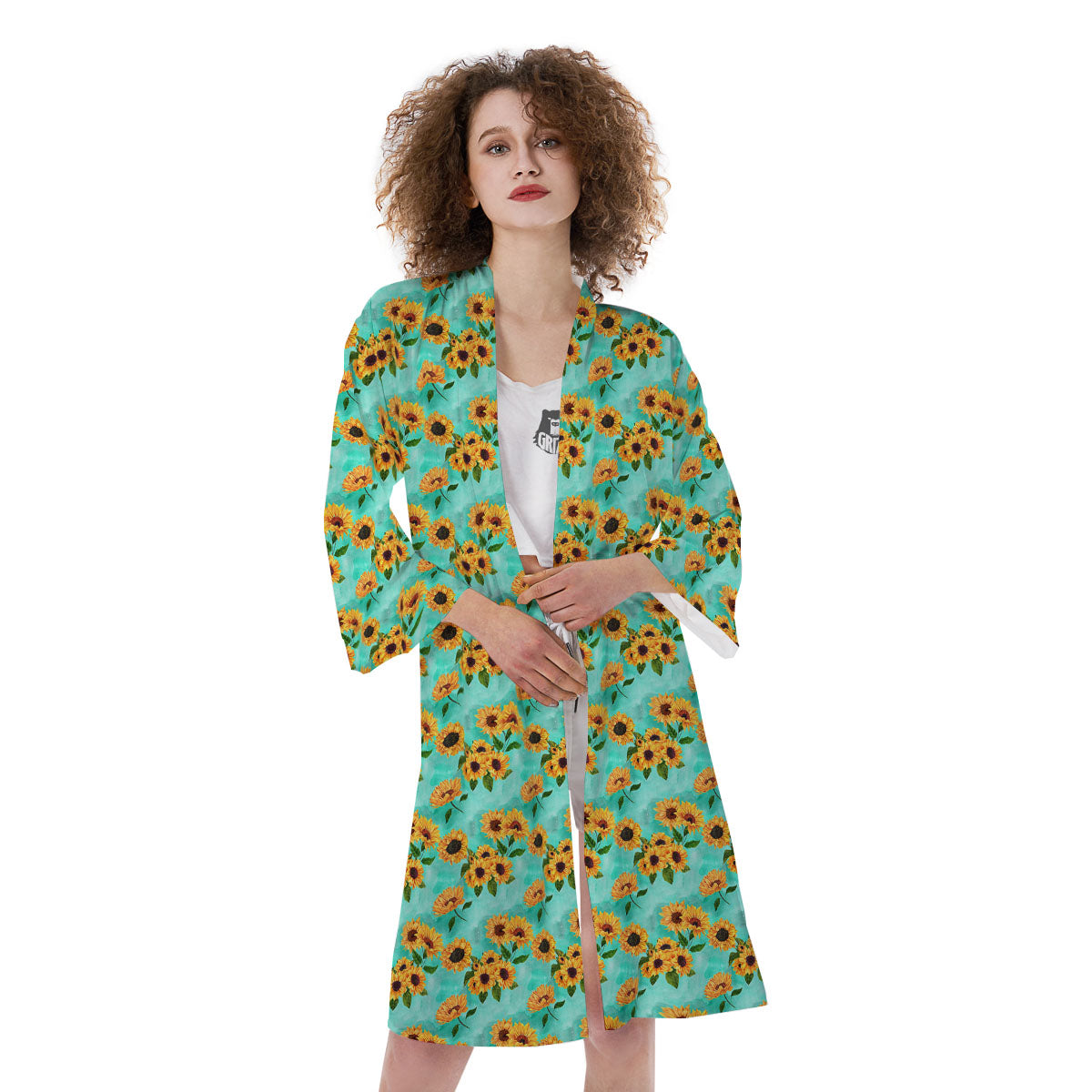 Sunflower Watercolor Blue Print Pattern Kimono-grizzshop