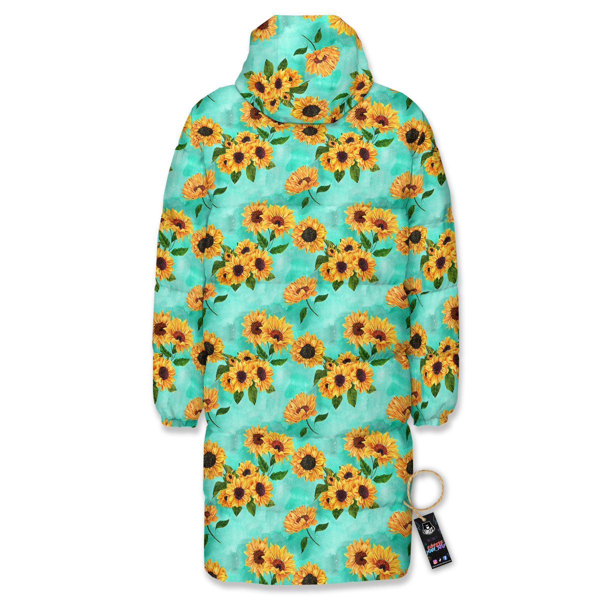Sunflower Watercolor Blue Print Pattern Long Down Jacket-grizzshop