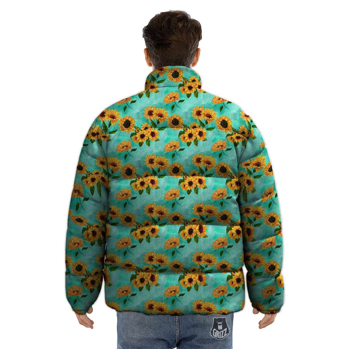 Sunflower Watercolor Blue Print Pattern Puffer Jacket-grizzshop