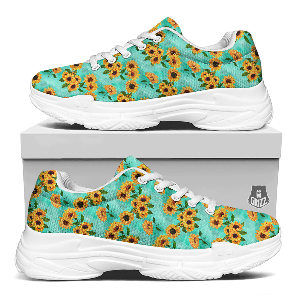 Sunflower Watercolor Blue Print Pattern White Chunky Shoes-grizzshop