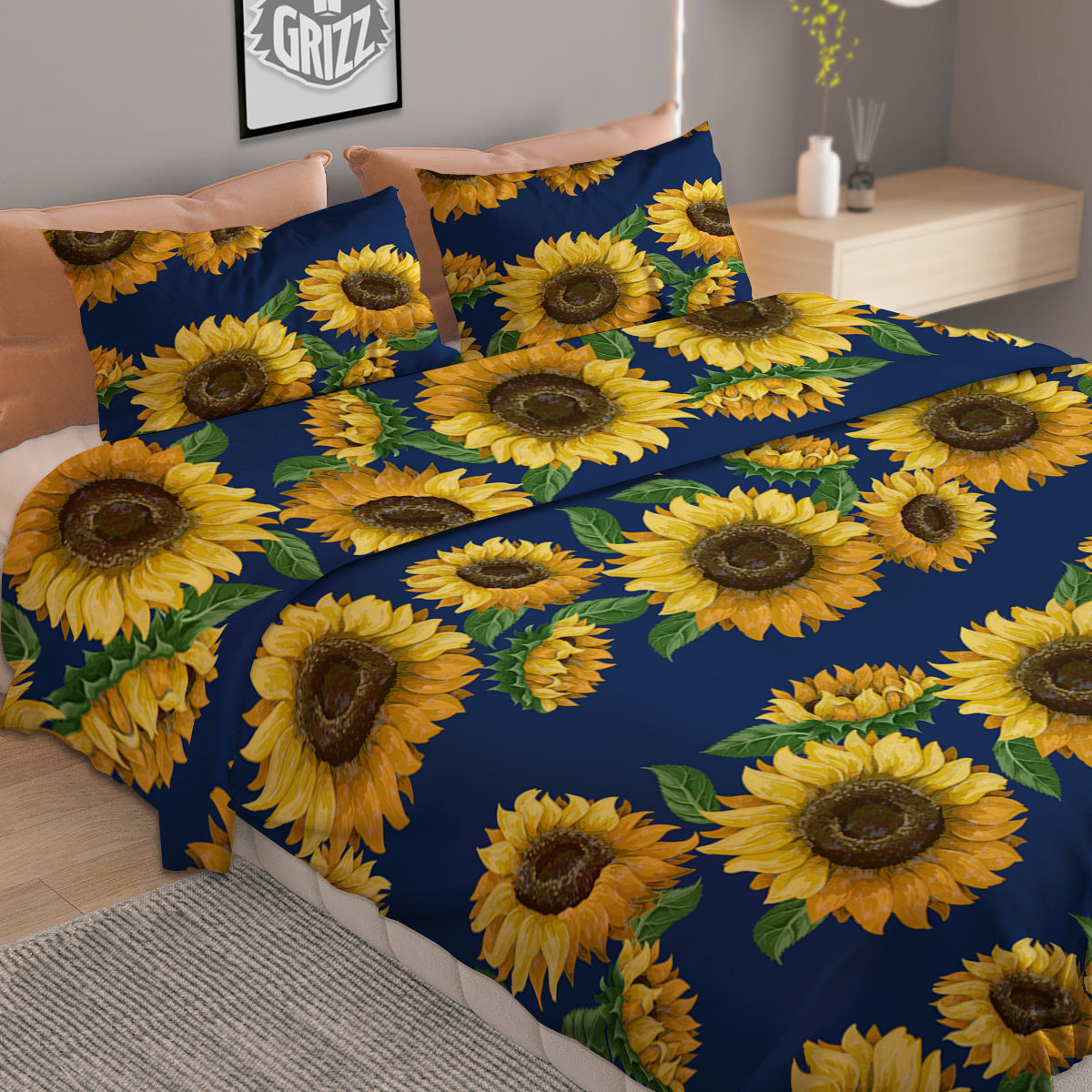 Sunflower Watercolor Print Pattern Duvet Cover Bedding Set