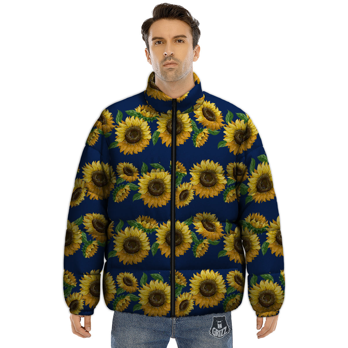 Sunflower Watercolor Print Pattern Puffer Jacket-grizzshop