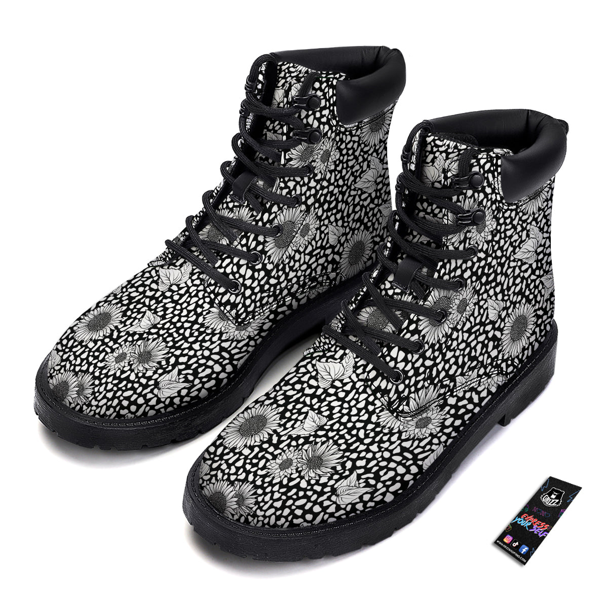 Sunflower White And Black Print Pattern Boots-grizzshop