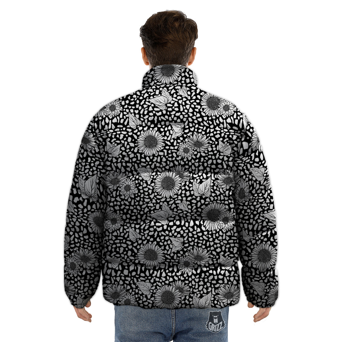 Sunflower White And Black Print Pattern Puffer Jacket-grizzshop