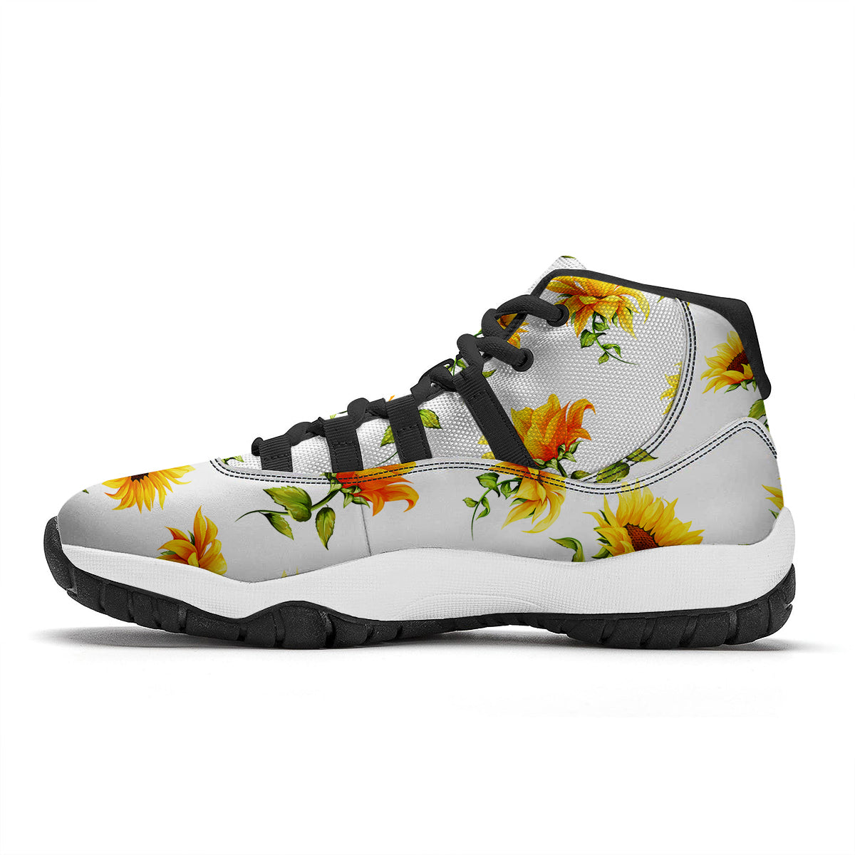 Sunflower White Watercolor Print Pattern Black Bball Shoes-grizzshop