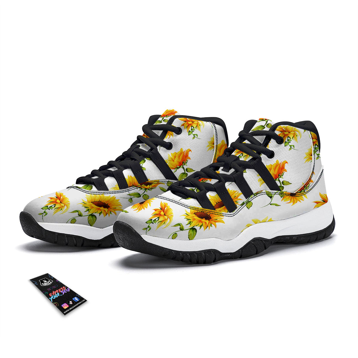 Sunflower White Watercolor Print Pattern Black Bball Shoes-grizzshop