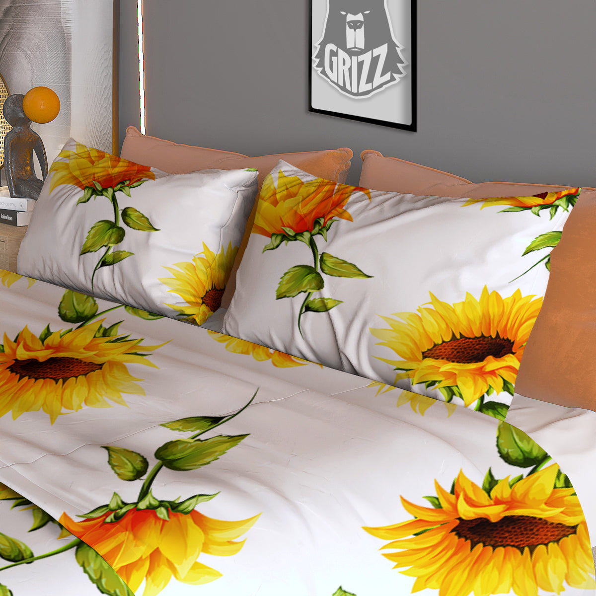Sunflower White Watercolor Print Pattern Duvet Cover Bedding Set
