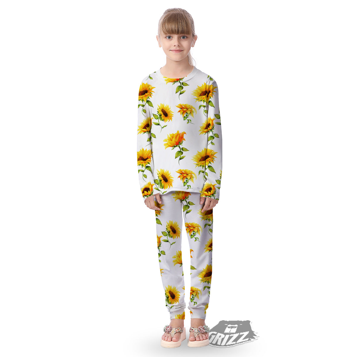 Sunflower White Watercolor Print Pattern Kid's Pajamas-grizzshop