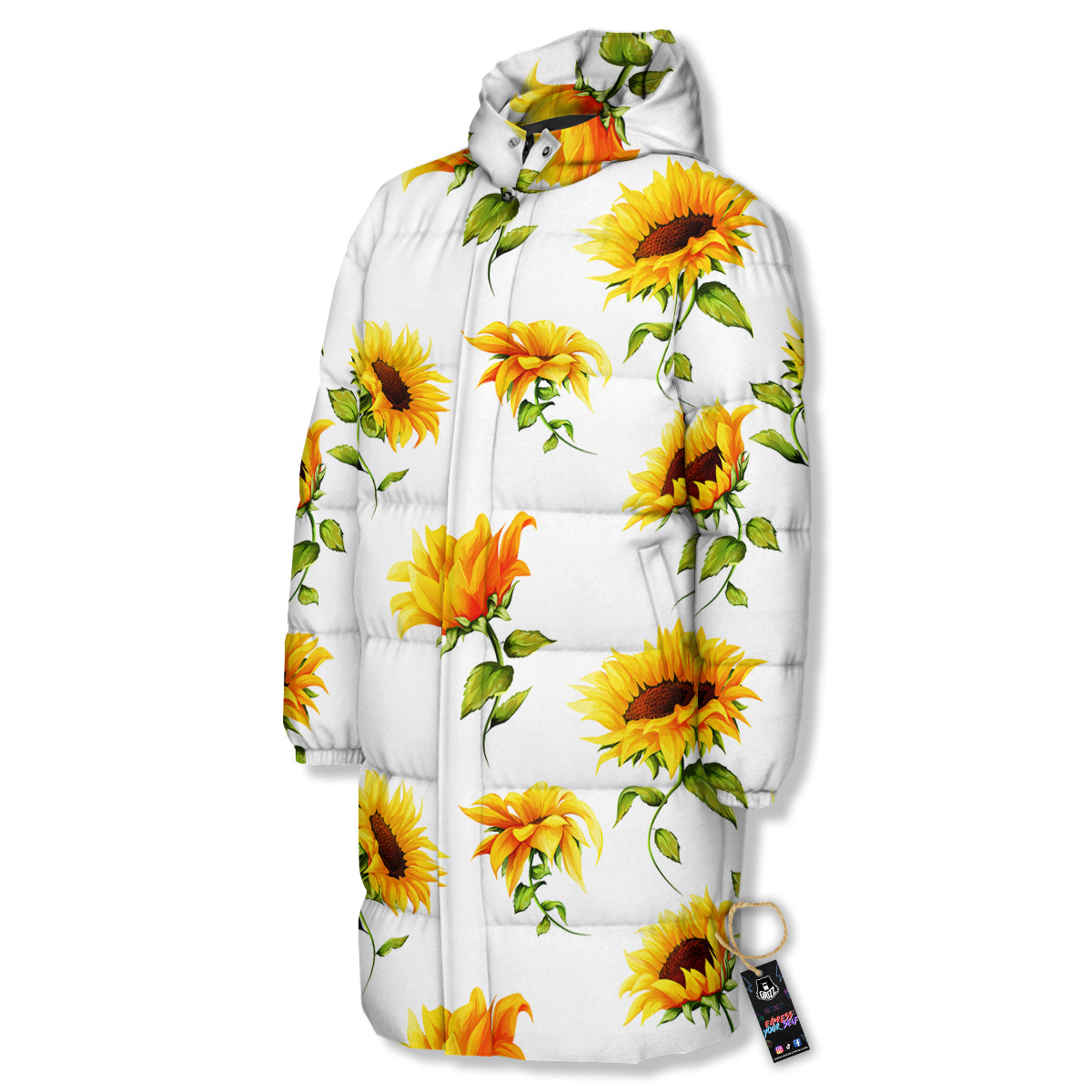 Sunflower White Watercolor Print Pattern Long Down Jacket-grizzshop