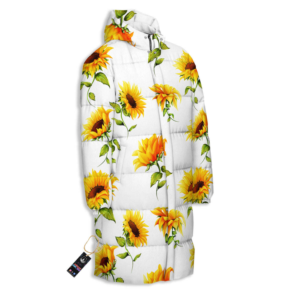 Sunflower White Watercolor Print Pattern Long Down Jacket-grizzshop