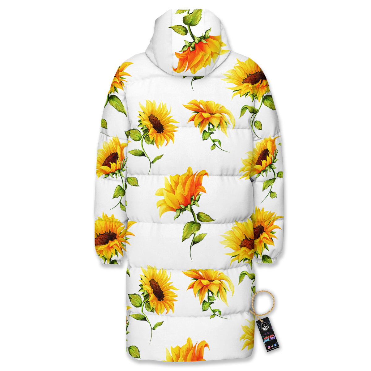 Sunflower White Watercolor Print Pattern Long Down Jacket-grizzshop