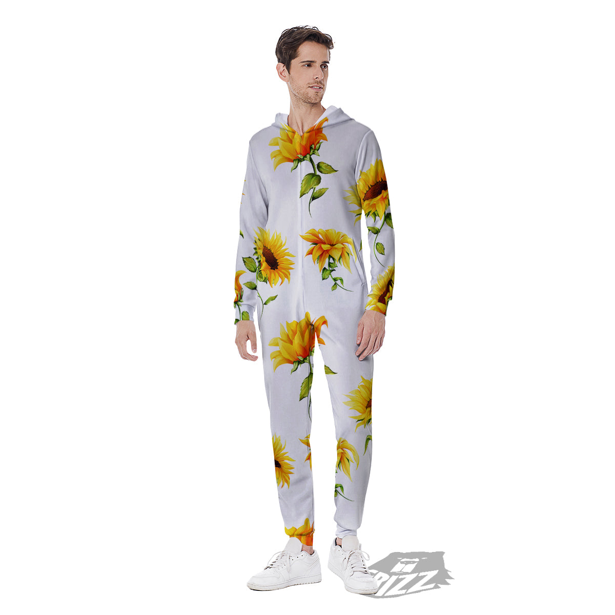 Sunflower White Watercolor Print Pattern Men's Jumpsuit-grizzshop
