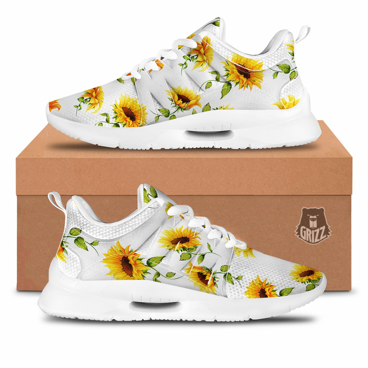 Sunflower White Watercolor Print Pattern Tennis Shoes-grizzshop