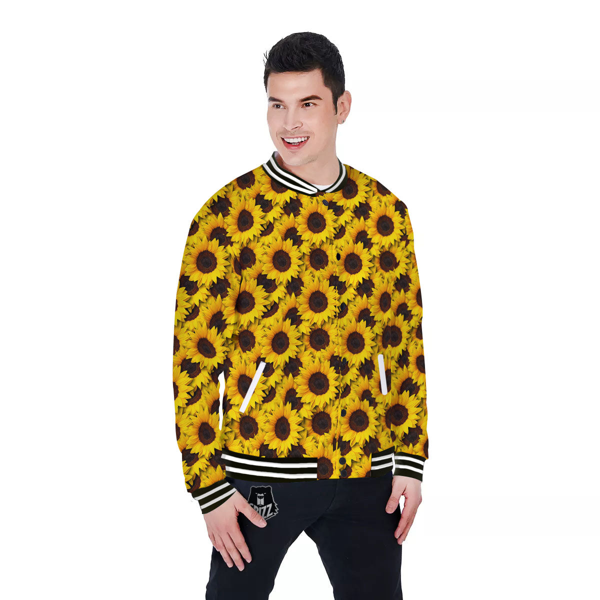 Sunflower Yellow Print Pattern Baseball Jacket-grizzshop