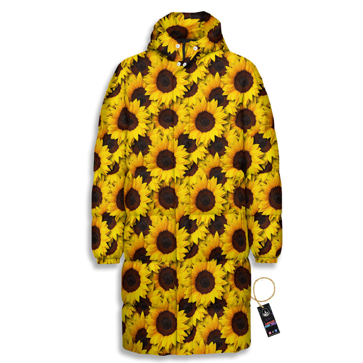 Sunflower Yellow Print Pattern Long Down Jacket-grizzshop
