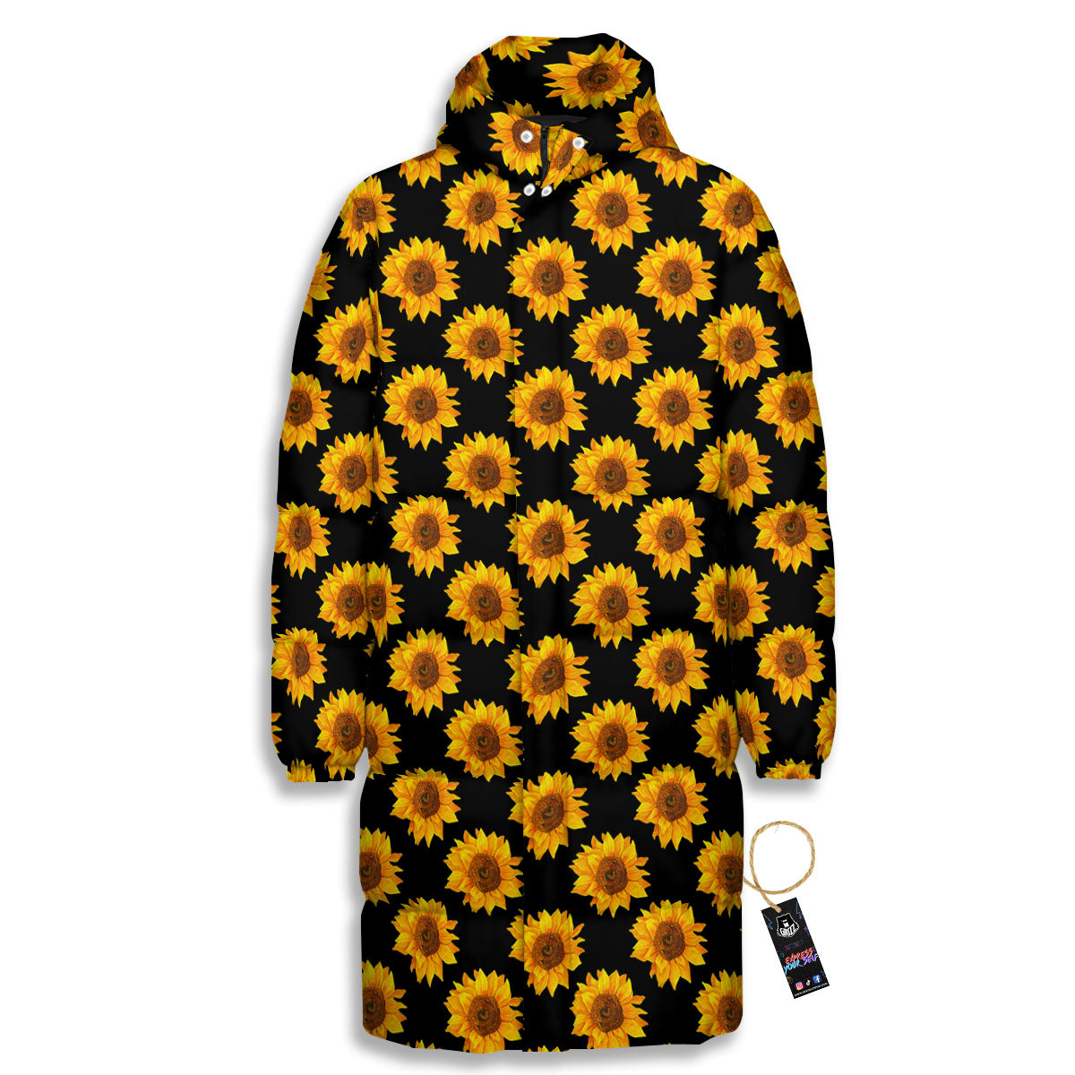 Sunflower Black Autumn Print Pattern Long Down Jacket