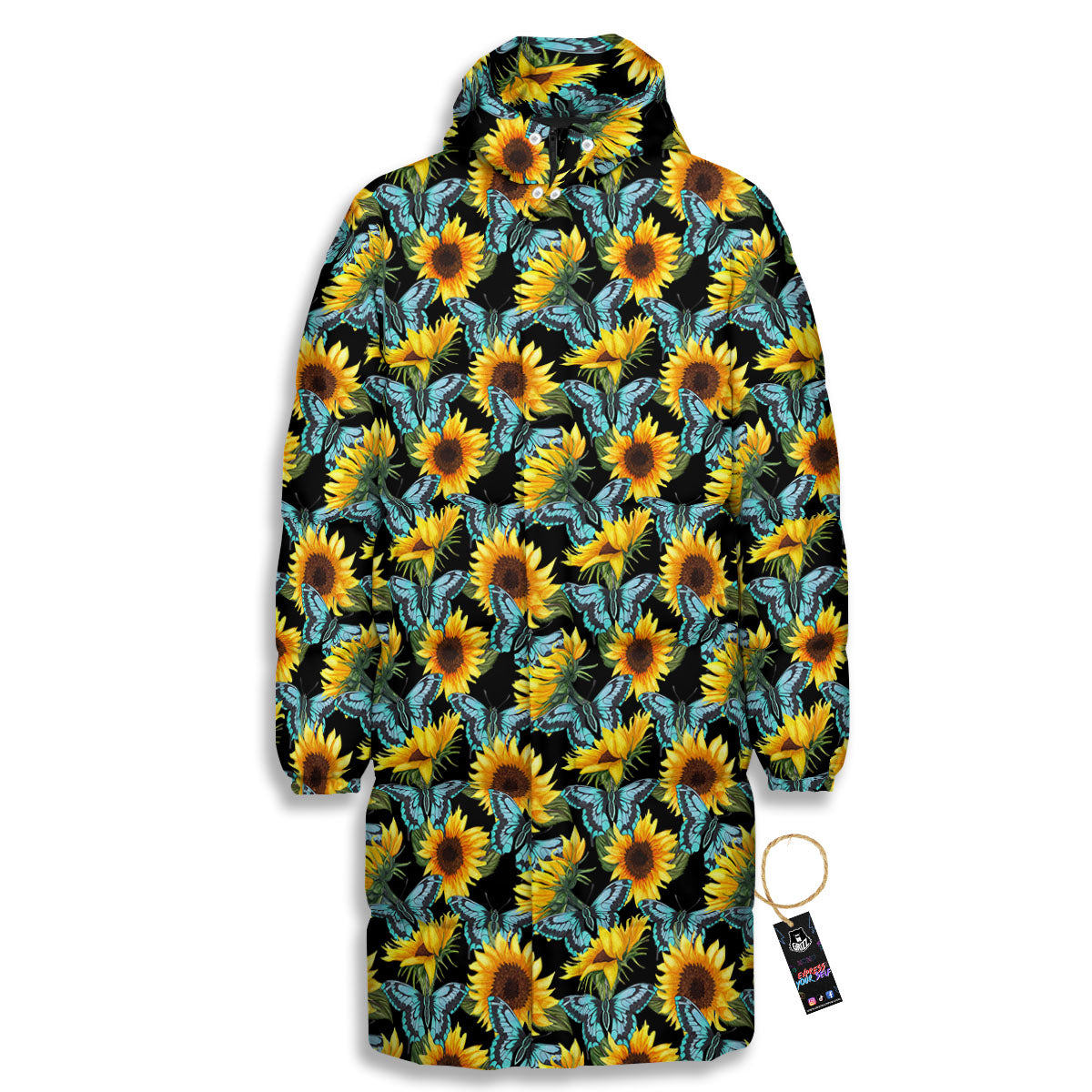Sunflower Blue Butterfly Print Pattern Long Down Jacket