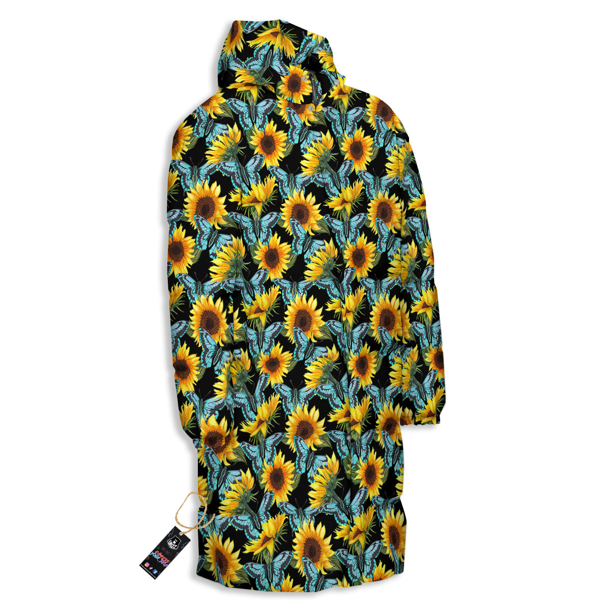 Sunflower Blue Butterfly Print Pattern Long Down Jacket
