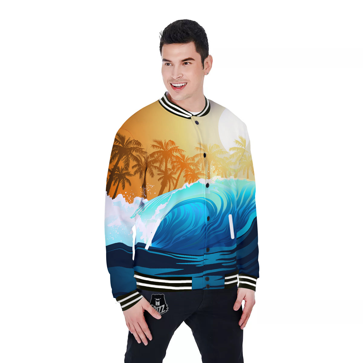 Sunrise Tropical Surfing Wave Print Baseball Jacket-grizzshop