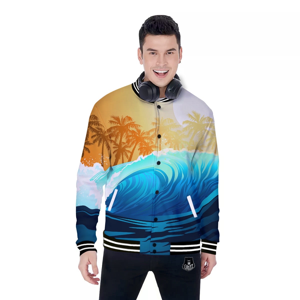 Sunrise Tropical Surfing Wave Print Baseball Jacket-grizzshop