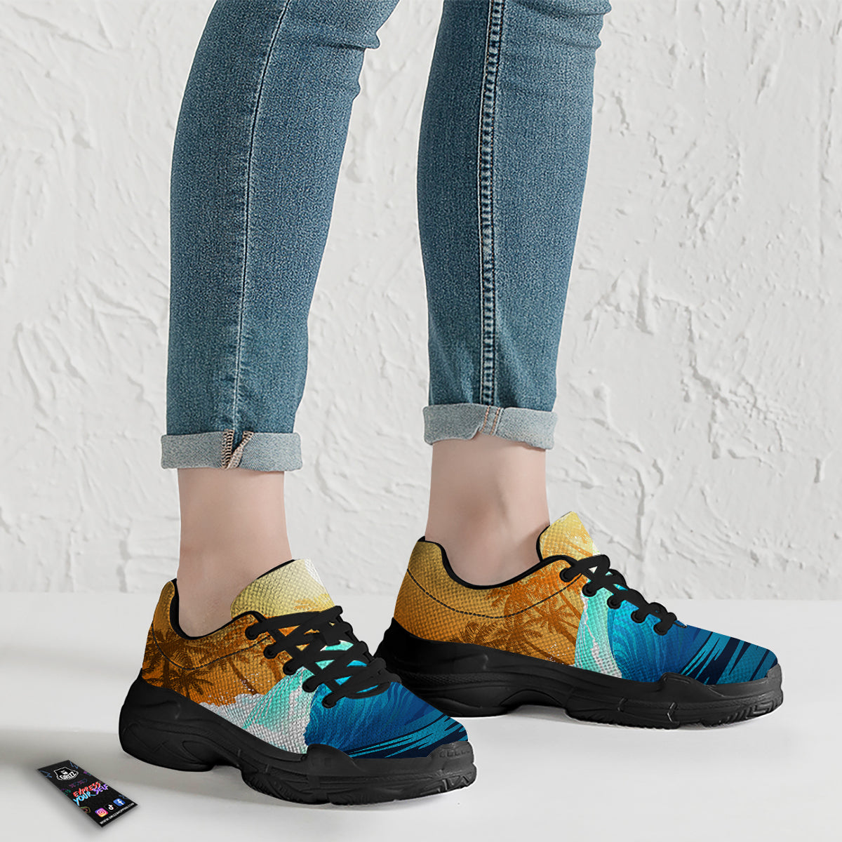 Sunrise Tropical Surfing Wave Print Black Chunky Shoes-grizzshop