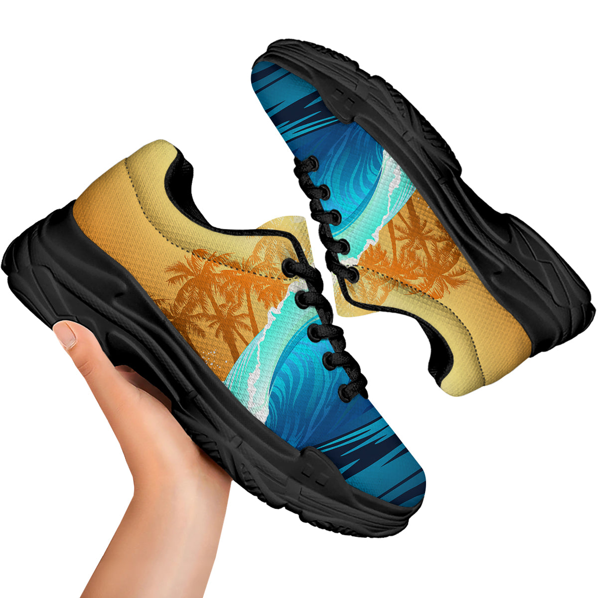 Sunrise Tropical Surfing Wave Print Black Chunky Shoes-grizzshop