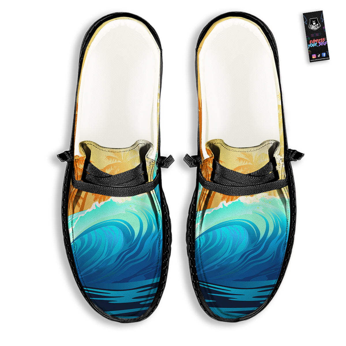 Sunrise Tropical Surfing Wave Print Black Loafers-grizzshop
