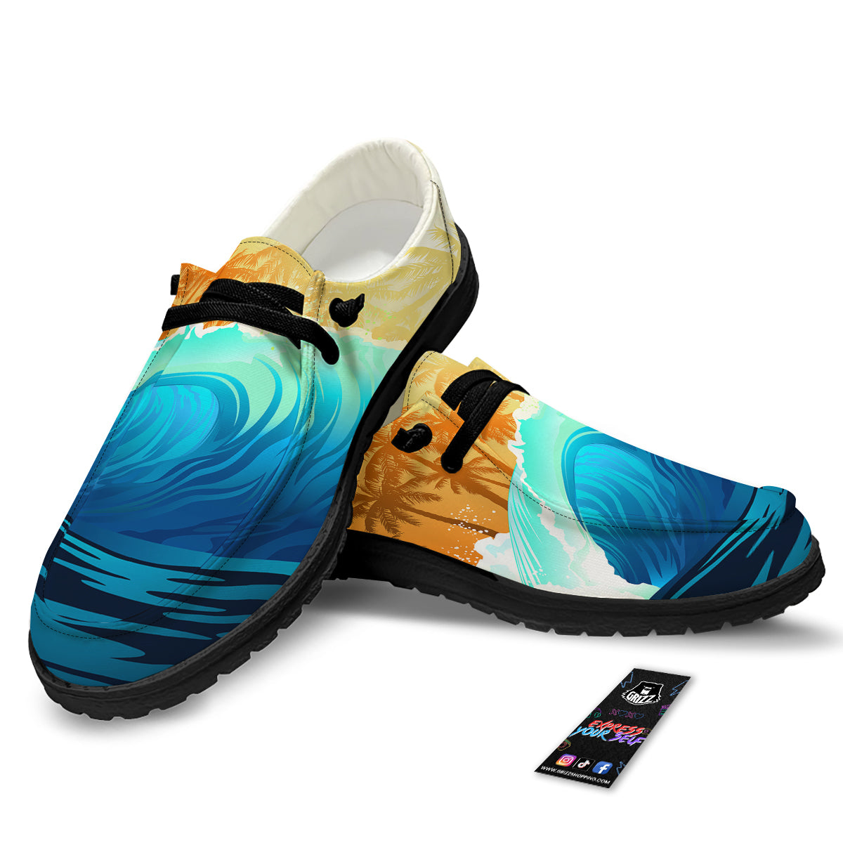 Sunrise Tropical Surfing Wave Print Black Loafers-grizzshop