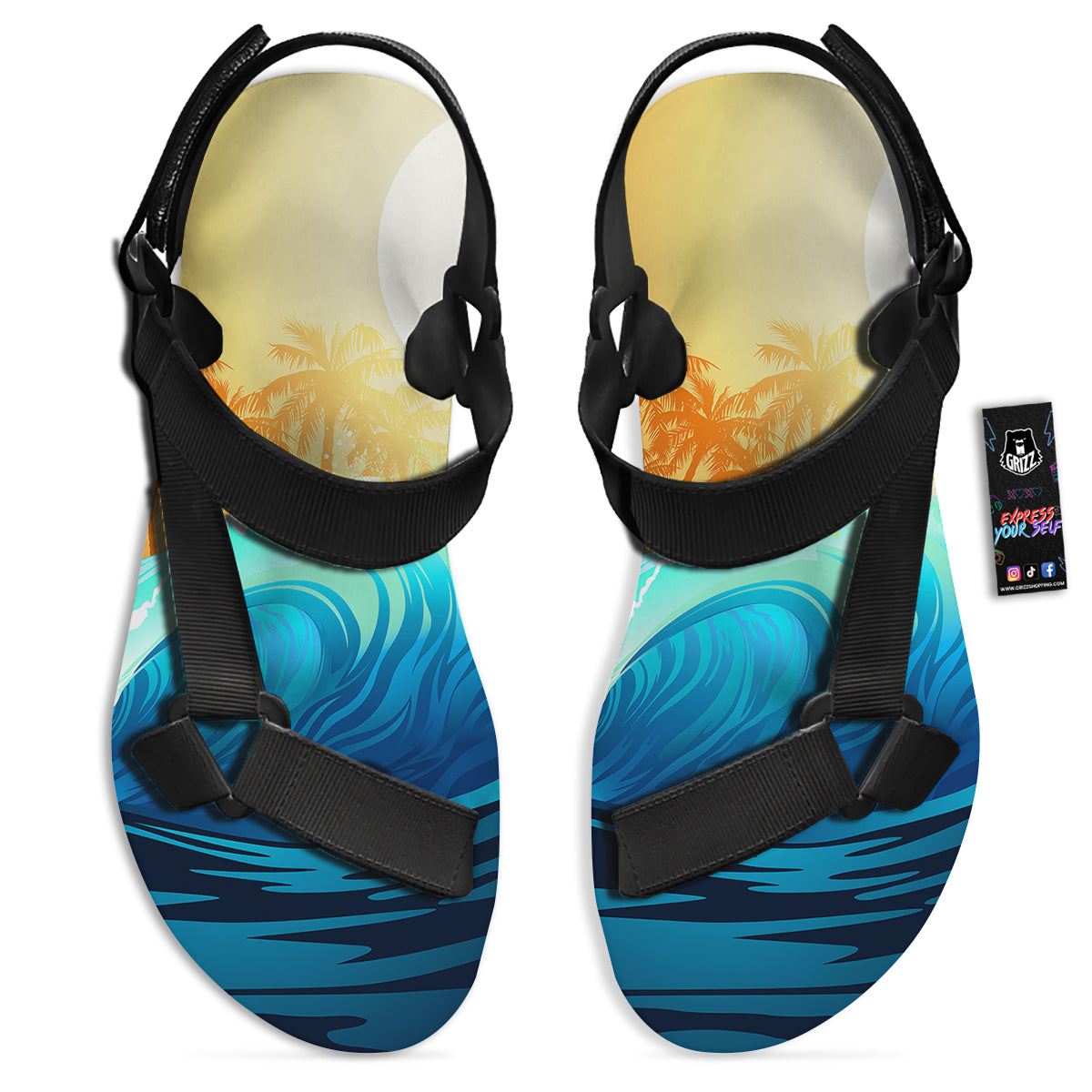 Sunrise Tropical Surfing Wave Print Black Open Toe Sandals-grizzshop