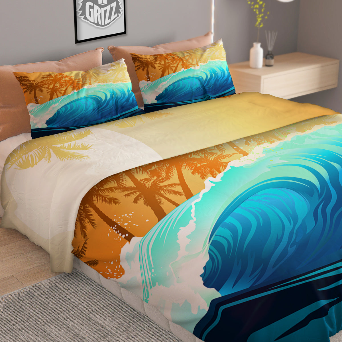 Sunrise Tropical Surfing Wave Print Duvet Cover Bedding Set
